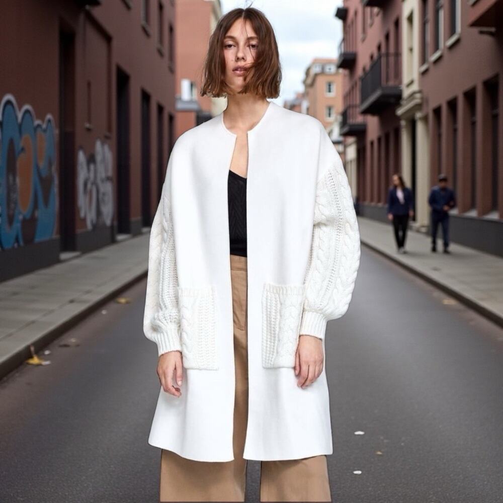Zara Long Knit Cardigan Sweater Cardigan Coatigan Winter White Size L Pockets
